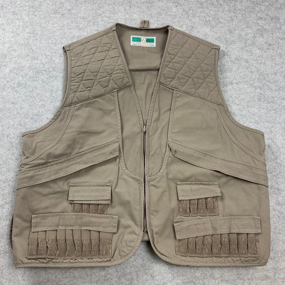 Game Winner Hunting Vest Mens XL Tan Canvas Quilted‎ Utility Shooting Game Bag